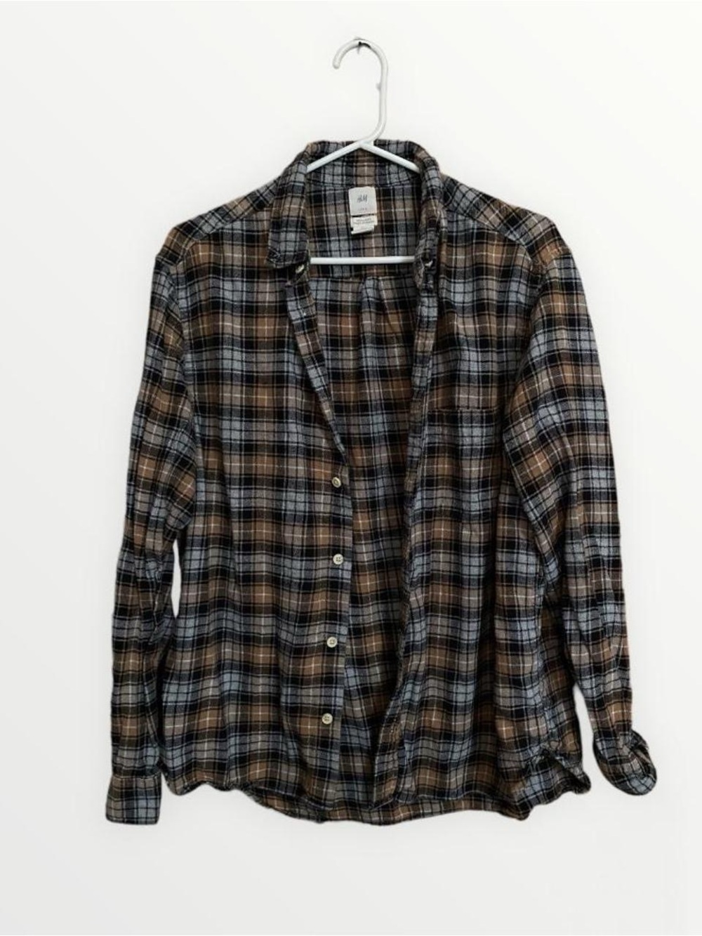 H&M Men's Plaid Button-Down Shirt in Brown and Gray